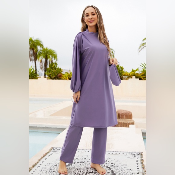 Cap, Drawstring Mock Neck Long Sleeve Top and Pants Swim Set - Picture 1 of 10